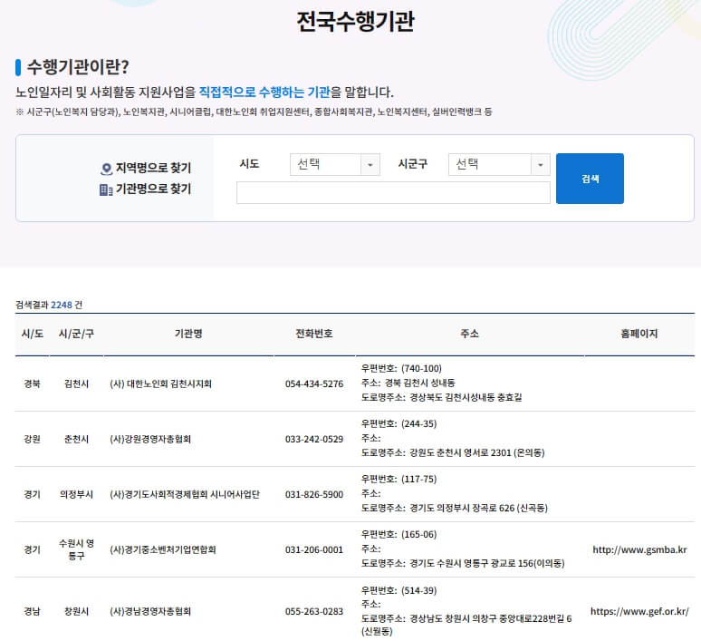 전국 노인일자리 수행기관 검색