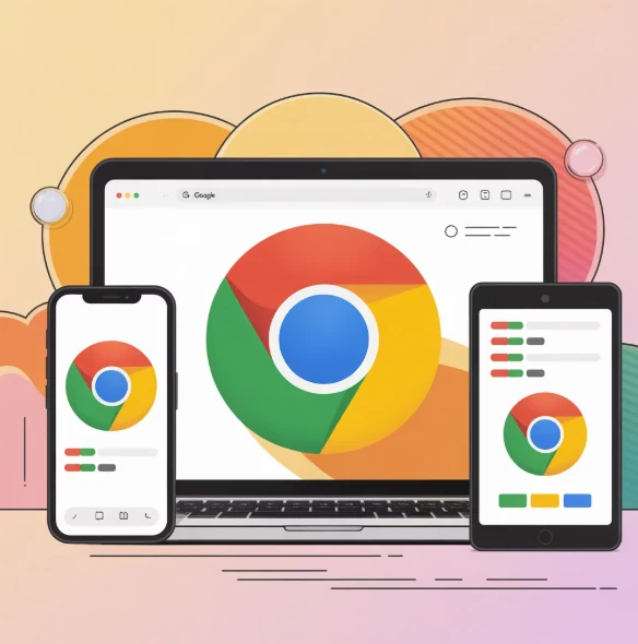 구글 크롬을 핸드폰, 테블릿, 노트북에서 실행한 화면 예시 일러스트