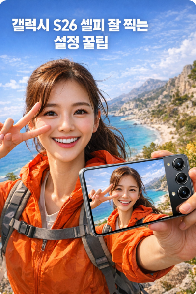 갤럭시 S26 전면 카메라로 셀피를 자연스럽게 잘 찍는 설정과 촬영 방법을 설명하는 대표 이미지