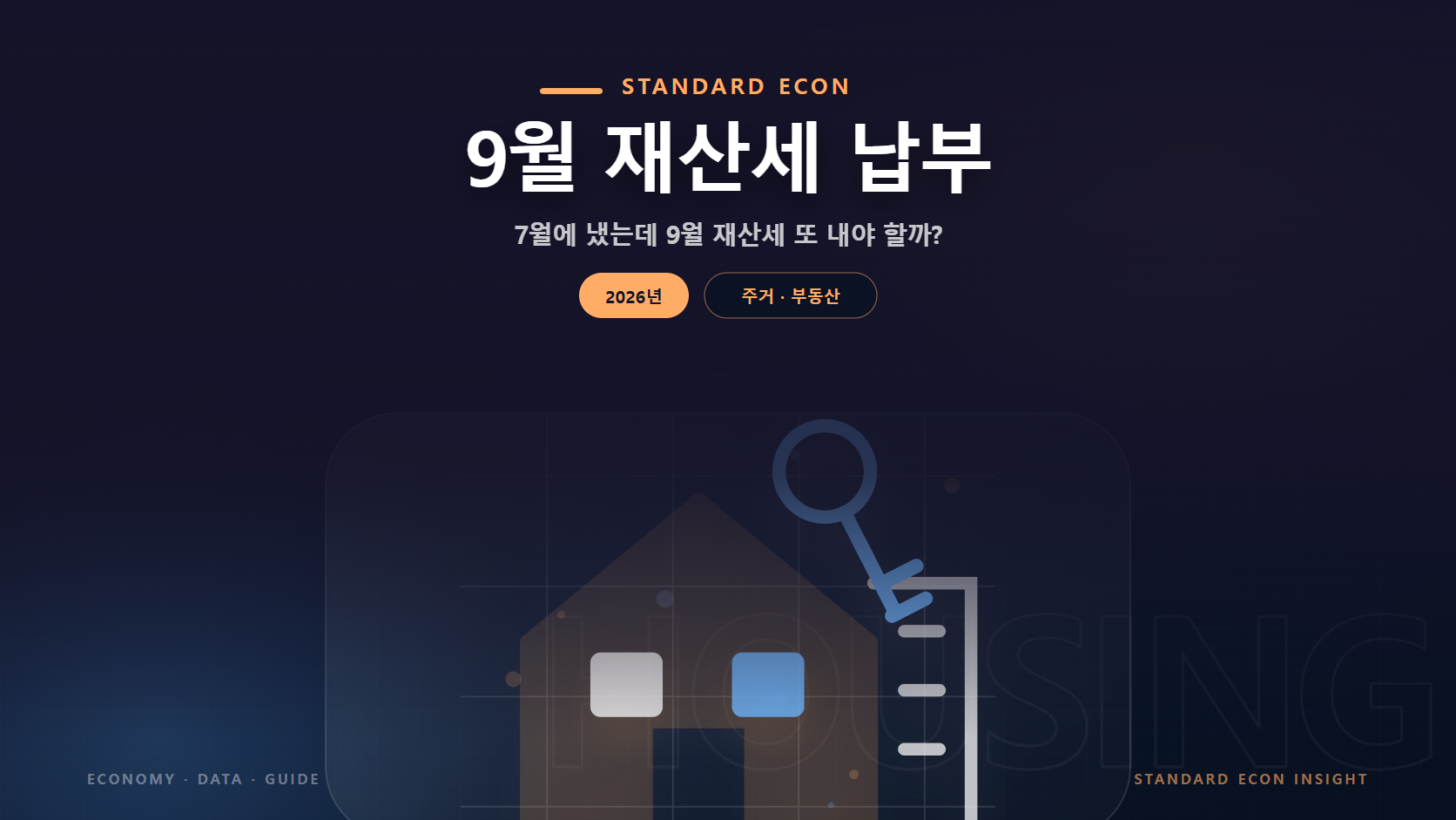 9월 재산세 납부 문구와 주택과 도시 건물, 열쇠 그래픽 요소를 담은 주거 · 부동산 경제 콘텐츠 대표 이미지