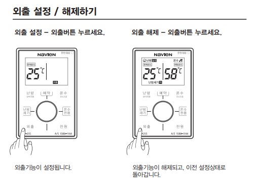 경동 나비엔 콘덴싱 ON AI 가스보일러 사용설명서 : NGB553 외출 사용방법, 설정방법