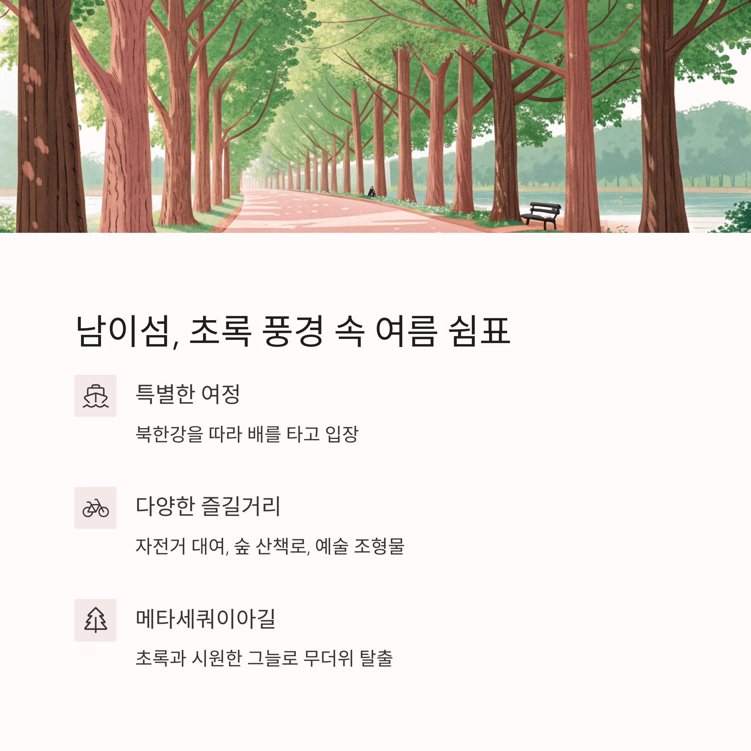 남이섬 메타세쿼이아길에서 여름 산책 중인 장면