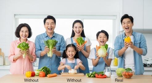 주방에서 밝은 표정으로 채소를 들고 있는 가족