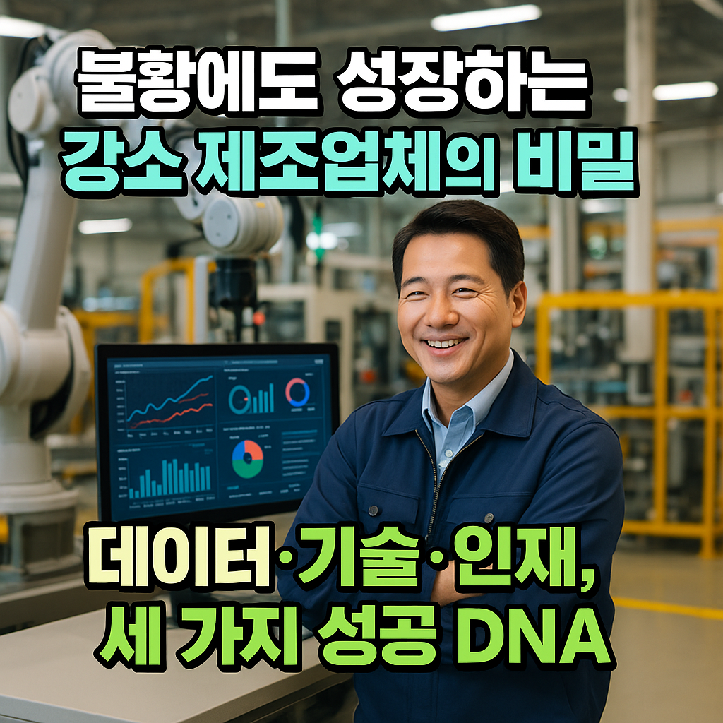 스마트공장에서 데이터 모니터 앞에 선 미소 짓는 공장장