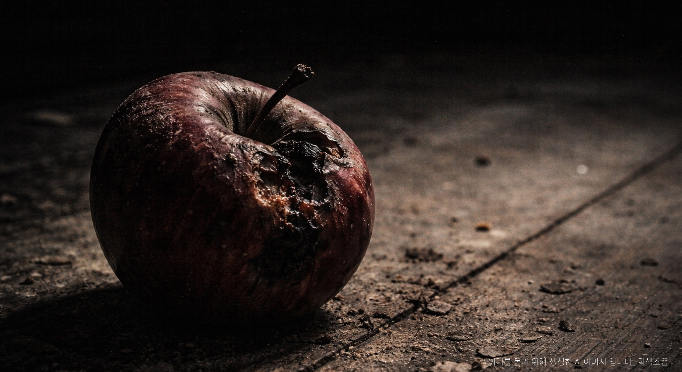 먼지 쌓인 나무 바닥 위에서 멍들며 썩어가는 붉은 사과 한 알이 길게 드리운 그림자 속에 놓인, 고요하고 비극적인 분위기의 클로즈업 사진.