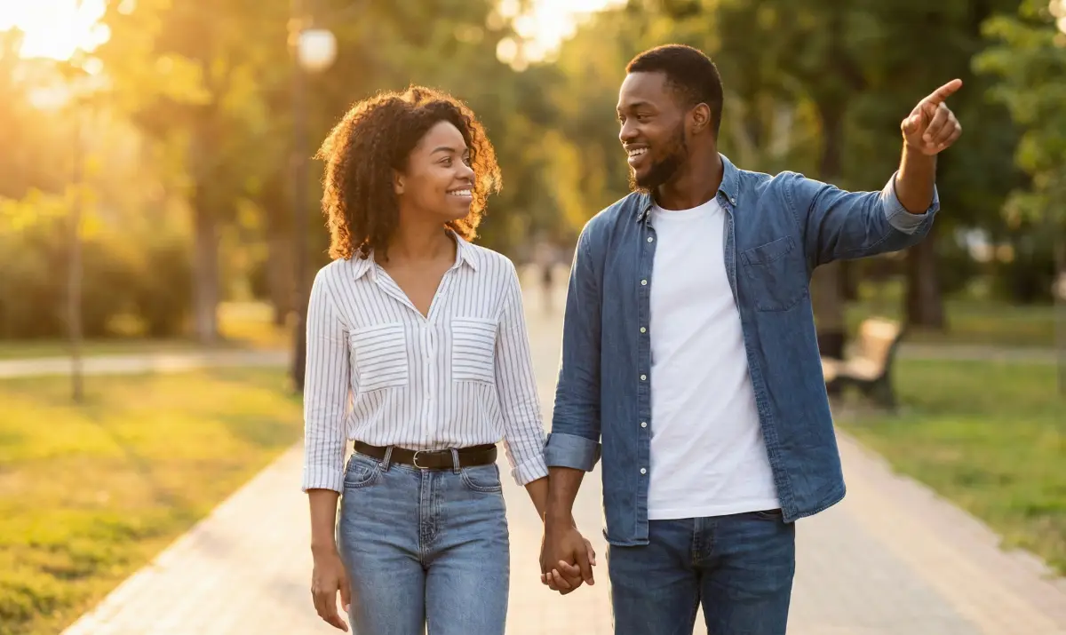서로 다른 성향을 가진 커플이 손을 잡고 공원을 산책하며 균형 잡힌 관계를 유지하는 모습