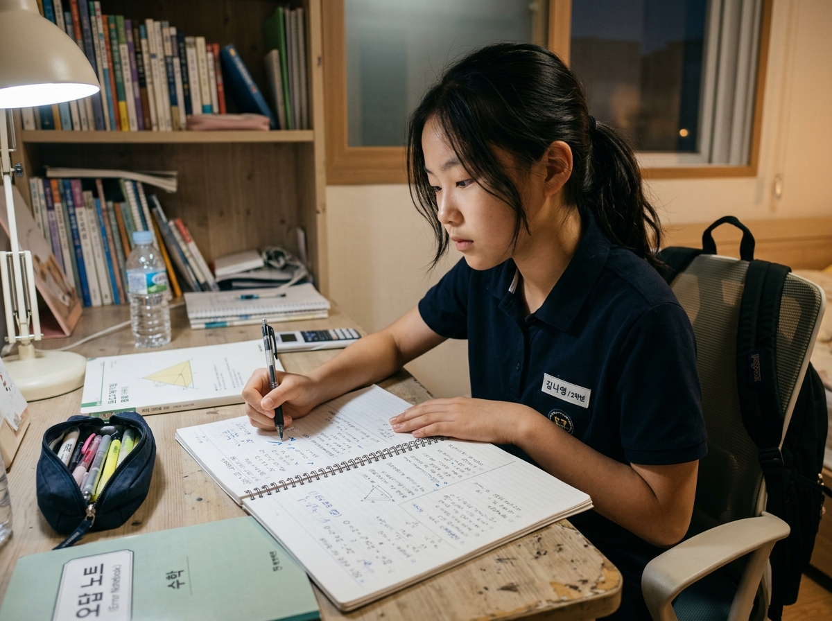 오답노트와 학습 일지를 점검하는 학생