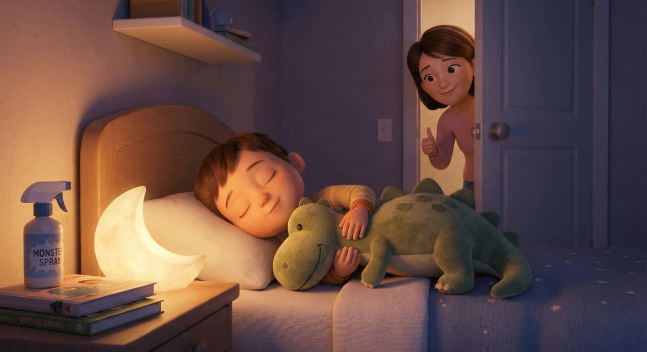 은은한 수면등이 켜진 아늑한 아이 방. 아이가 자신의 침대에서 공룡 인형을 꼭 끌어안고 곤히 잠들어 있다.엄마가 문뒤에서 아이가 자는 모습을 보고 엄지척 하고 있는 3d 일러스트