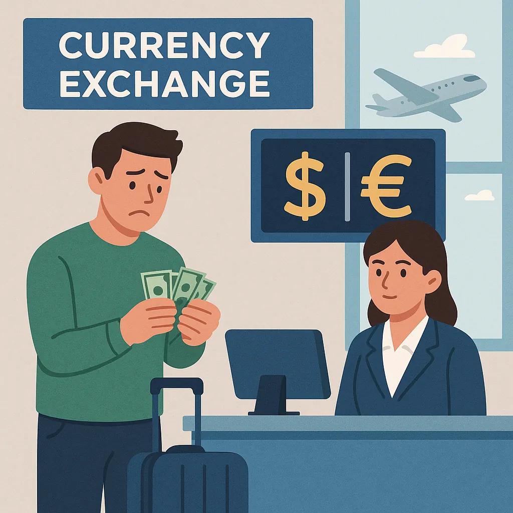 공항 환전소에서 외화를 들고 고민하는 남성의 일러스트