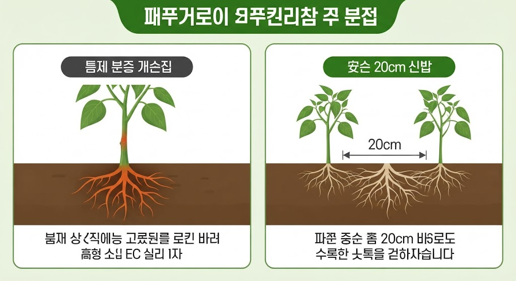 줄기 바로 밑에 비료를 주어 굵은 뿌리가 역삼투압으로 타들어가는 상태와 20cm 밖 잔뿌리가 양분을 흡수하는 구조를 비교