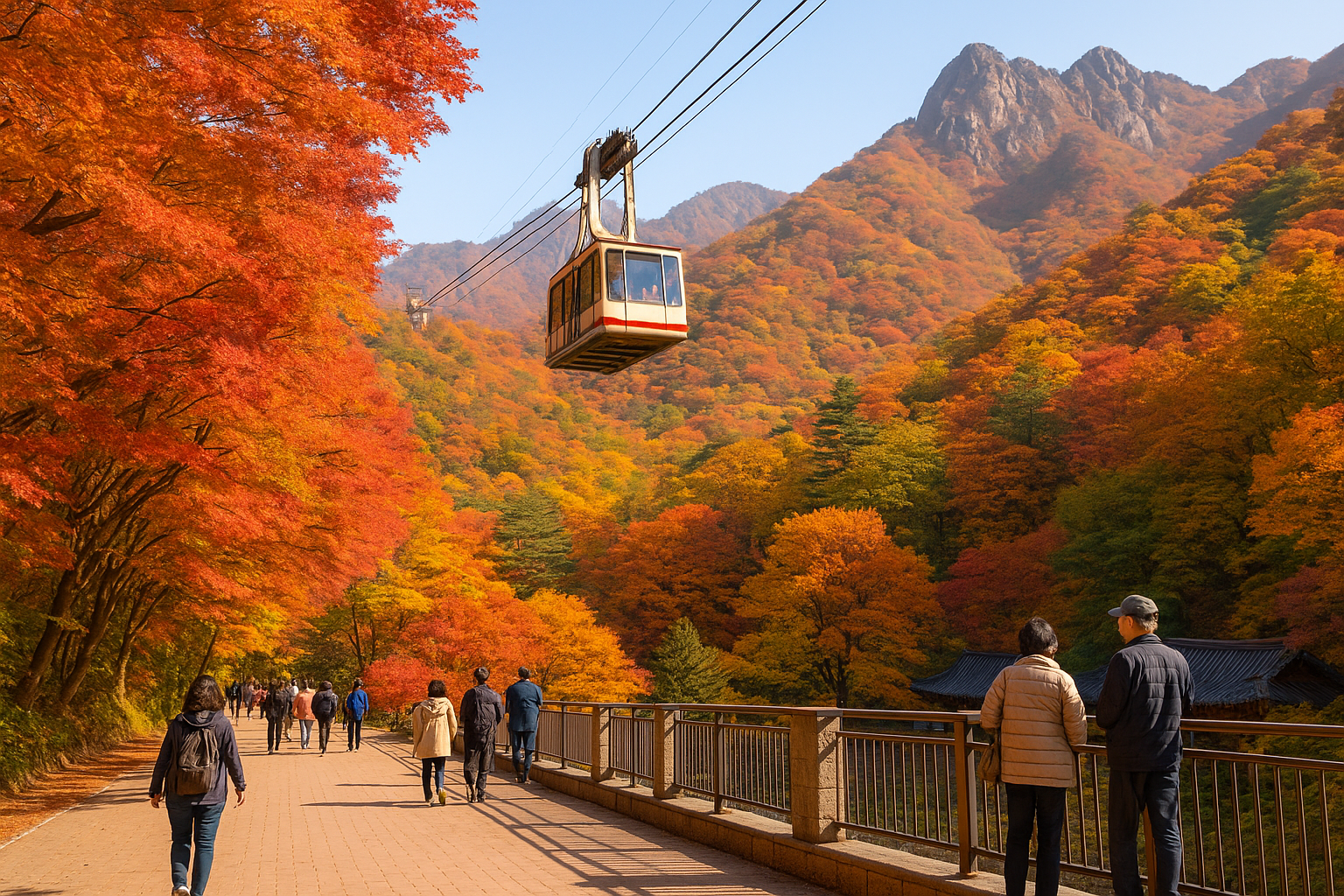 가을 단풍이 절정을 이룬 산속에서 케이블카가 지나가고, 사람들이 단풍길을 산책하는 풍경