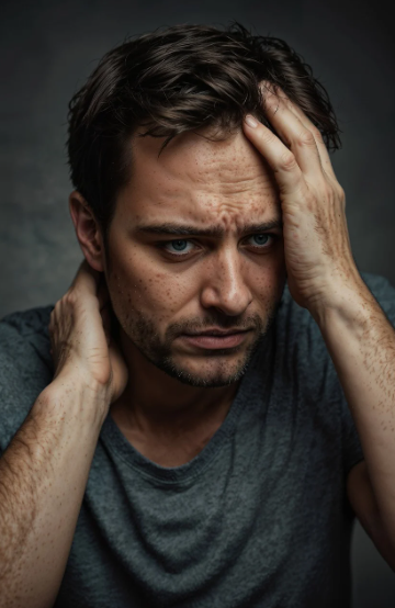 저혈당으로 피로감을 느끼고 있는 남성의 사진