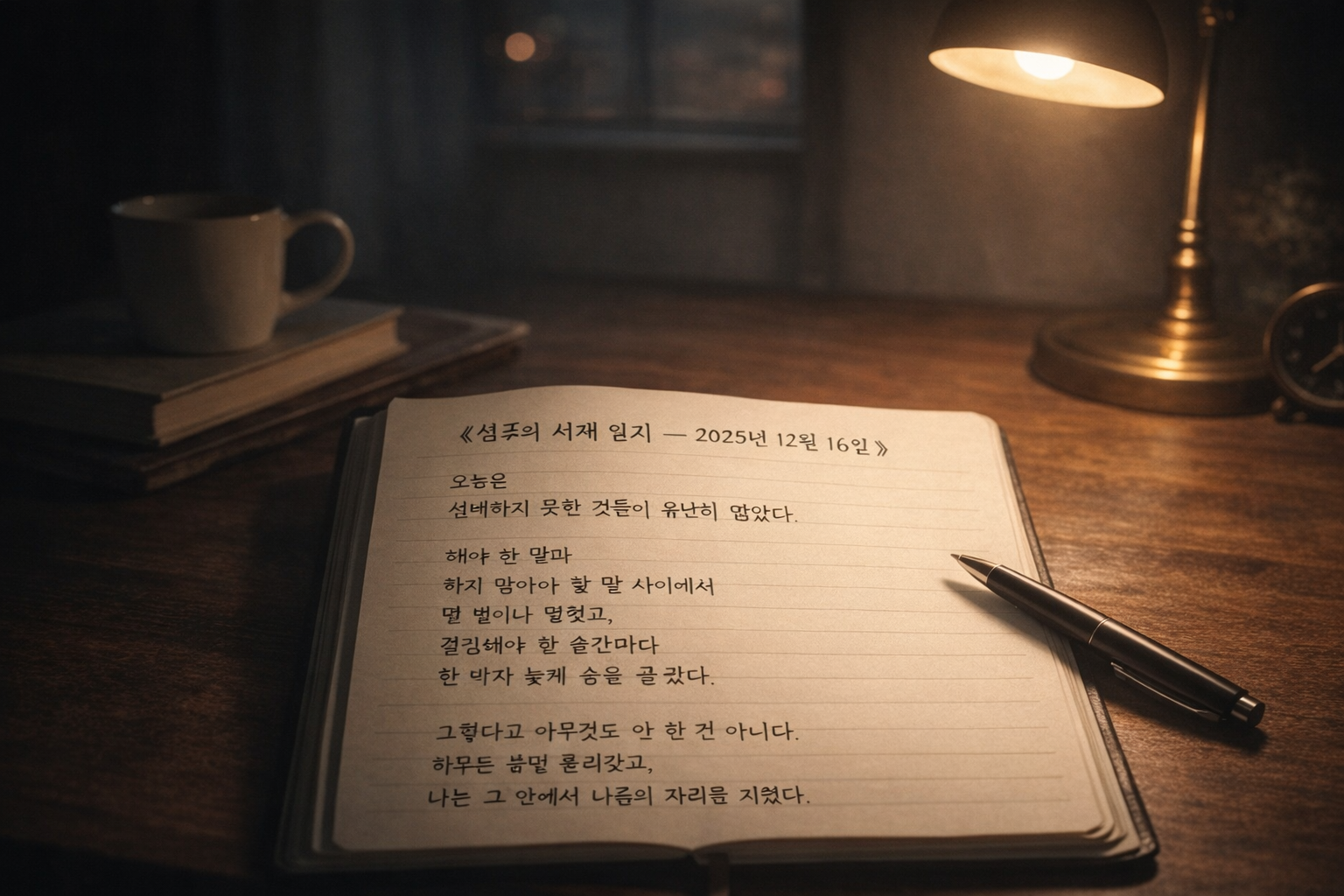 하루를 마무리하며 적어 내려간 일지 노트와 펜이 놓인 조용한 저녁의 책상 풍경