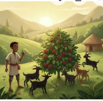 A young Ethiopian goatherd named Kaldi looking at his goats jumping and dancing around a coffee shrub with bright red berries under a sunny sky.