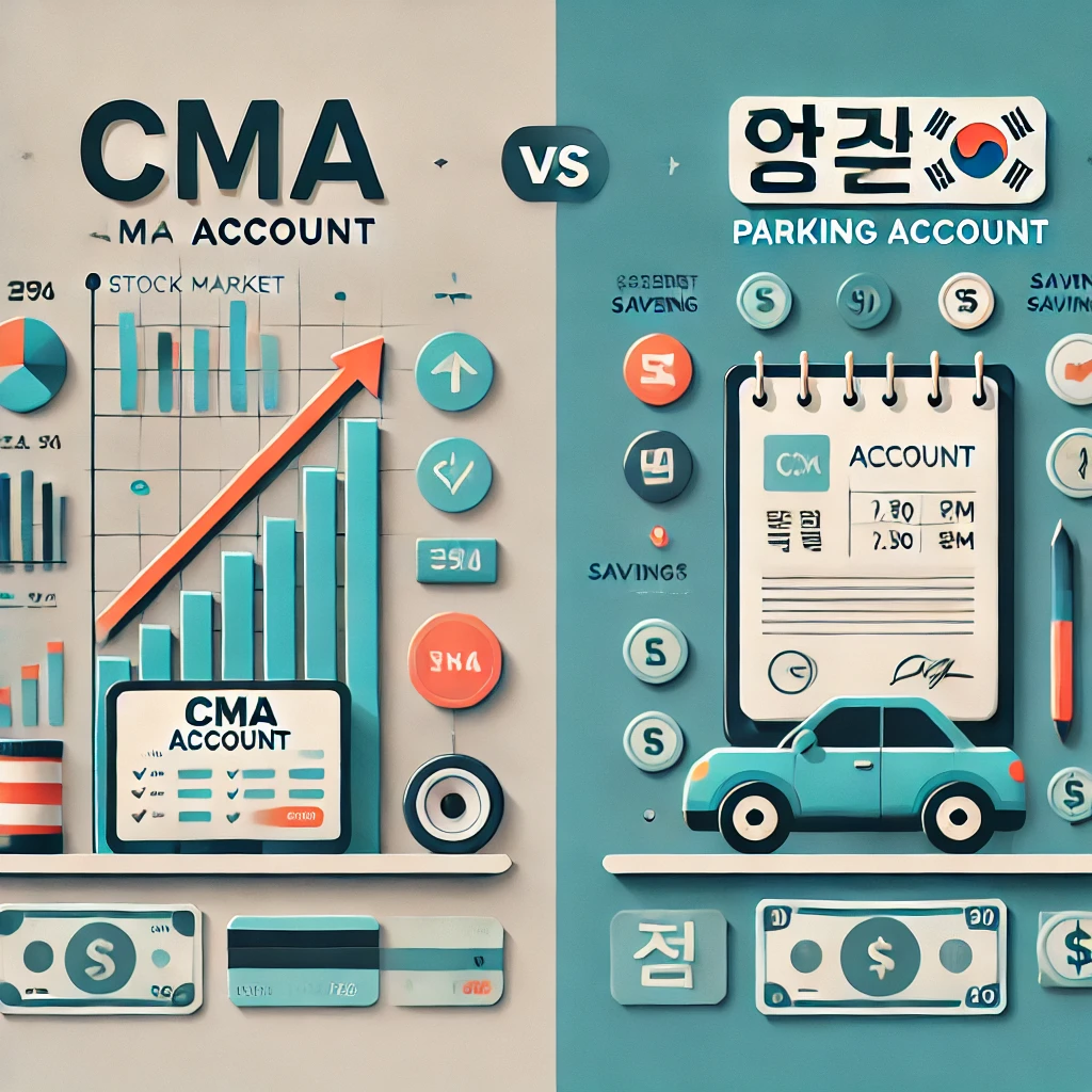 CMA통장과 파킹통장을 나란히 비교해서 보여주는 인포그래픽 스타일 이미지