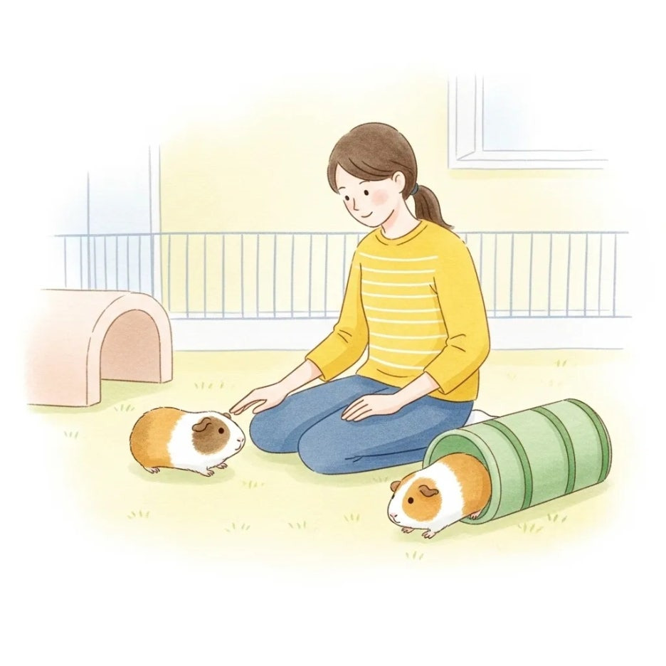 넓은 실내 공간에서 기니피그와 소통하는 사람