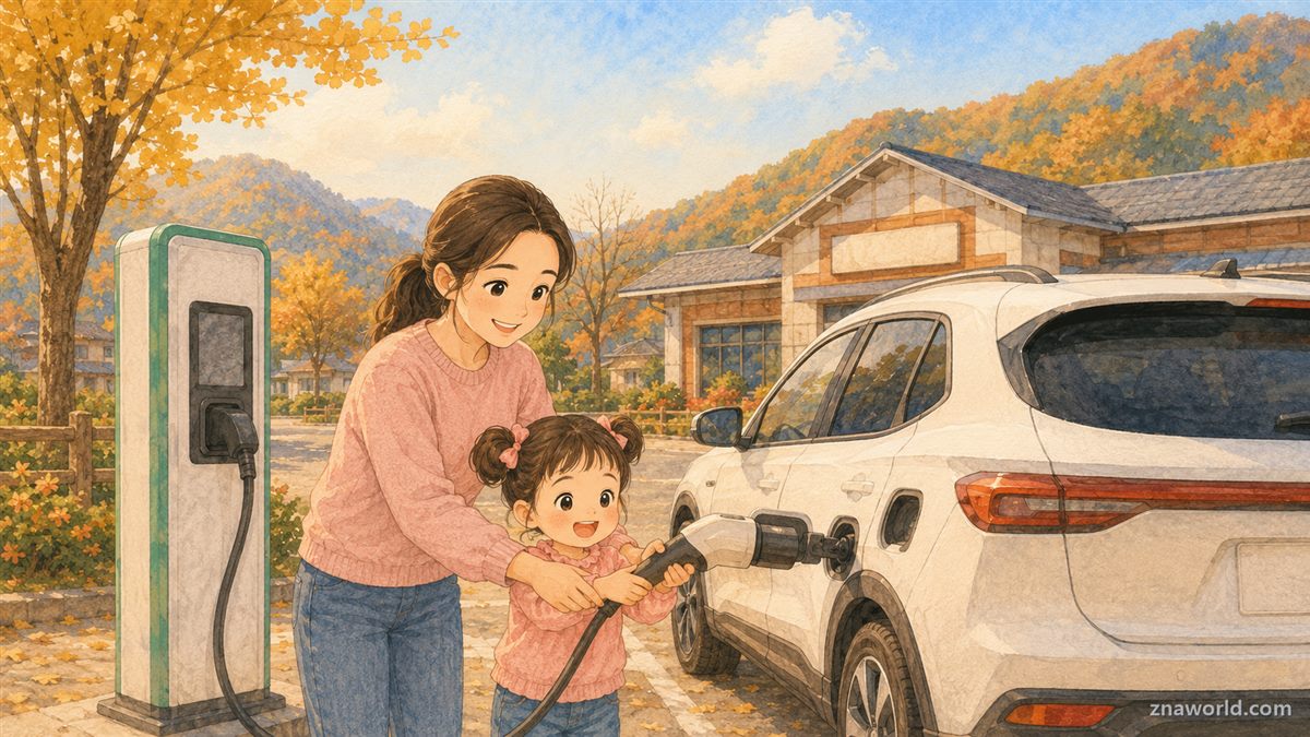 고향 마을회관 완속 충전기에 케이블을 꽂는 엄마와 아이 일러스트