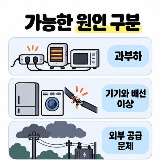 과부하를 나타내는 전열기와 전자레인지, 기기와 배선 이상을 나타내는 가전과 손상된 전선, 외부 공급 문제를 나타내는 전력설비를 나눈 도식