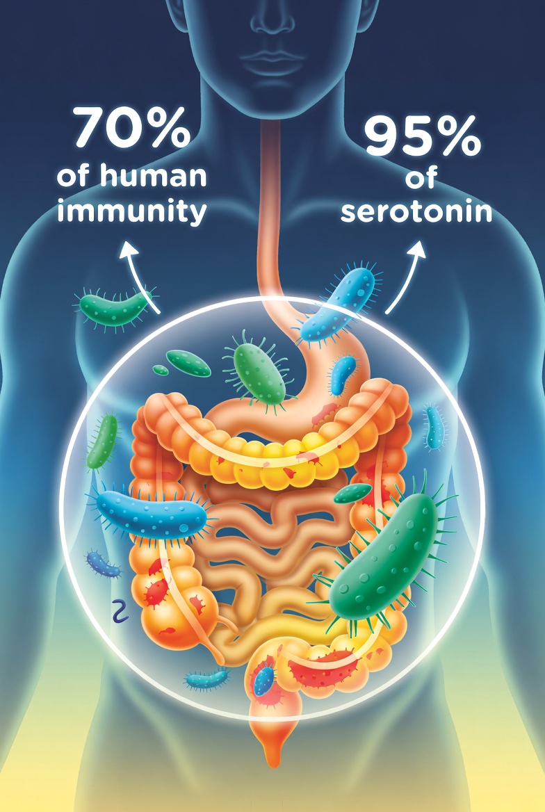 인체 내부의 소화기관과 그 주변을 감싸고 있는 다양한 장내 미생물들을 시각화한 일러스트. 면역 세포의 70%가 장에 집중되어 있고, 행복 호르몬인 세로토닌의 95%가 장에서 생성된다는 통계 수치가 강조되어 있음.