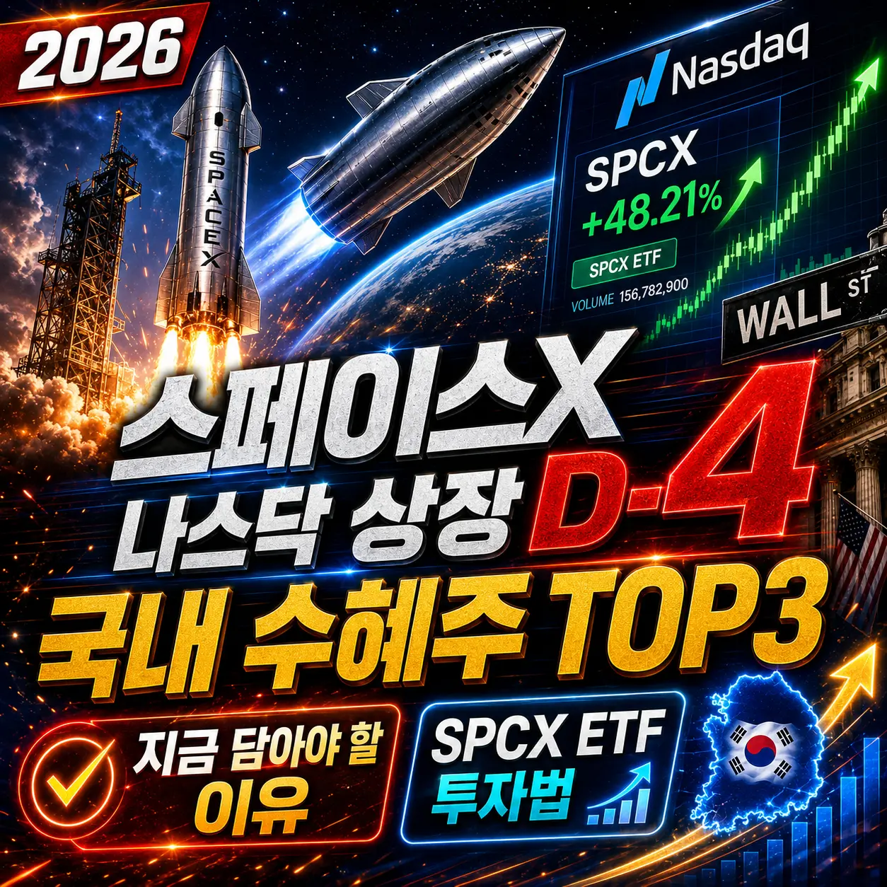스페이스X 나스닥 상장 D-4 &mdash; 국내 수혜주 TOP3 지금 담아야 할 이유&middot;SPCX ETF 투자법 2026
