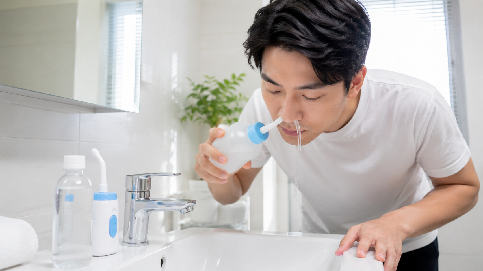 생리식염수 코 세척하는 남성