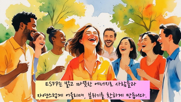 ESFP는 밝고 따뜻한 에너지로 사람들과 자연스럽게 어울리며, 분위기를 환하게 만듭니다에 관한 그림입니다