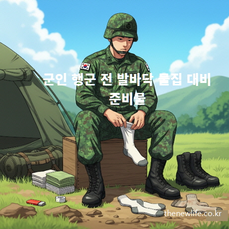 군인 행군 전 발바닥 물집 대비를 위해 양말, 전투화, 옷핀, 소독약을 준비하는 모습