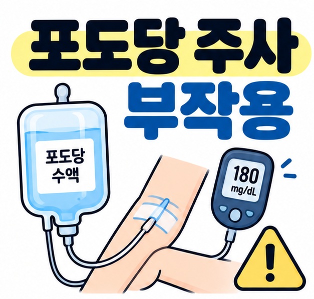 포도당 주사 부작용 문구와 포도당 수액백, 혈당측정기, 정맥주사 아이콘을 보여주는 대표 카드