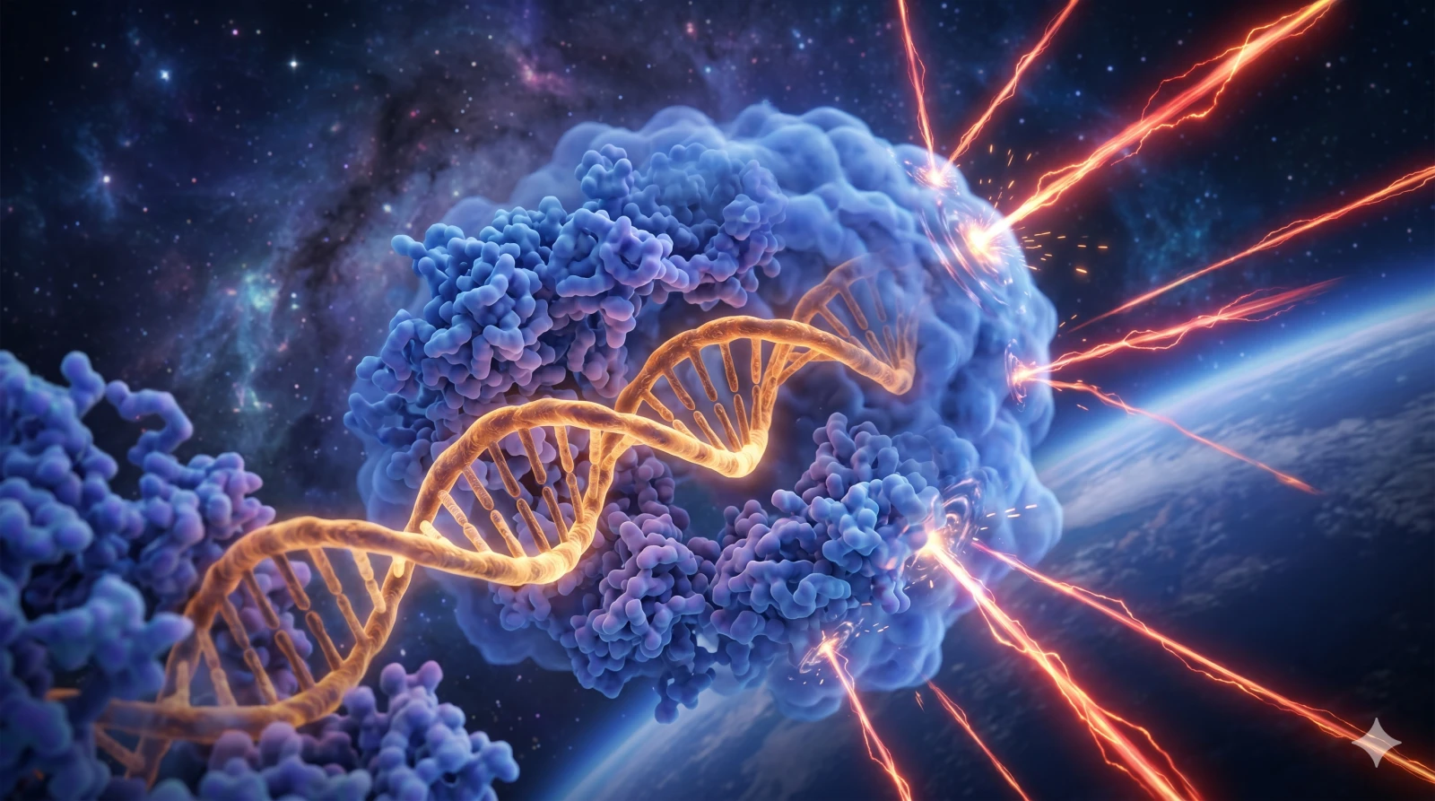 모래알의 망원경 Chapter 6: DNA 이중 나선 구조 주위를 디섭 단백질이 구름처럼 감싸 방사선 충격을 물리적으로 차단하는 생체 방패 묘사