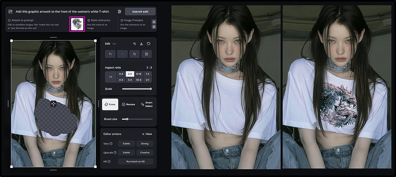 Erase 브러시로 티셔츠 앞면을 지정한 화면과 그래픽 부분 편집 결과