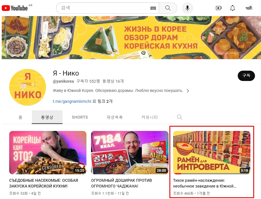 유튜버 @yanikorea 채널 화면