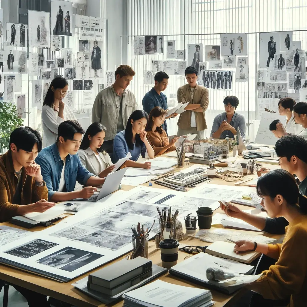 한국 드라마의 대본 작성 세션을 묘사한 이미지