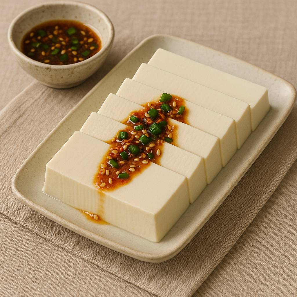 부드러운 연두부 위에 파와 깨를 곁들인 간장 양념장이 올려진 한국 전통 음식