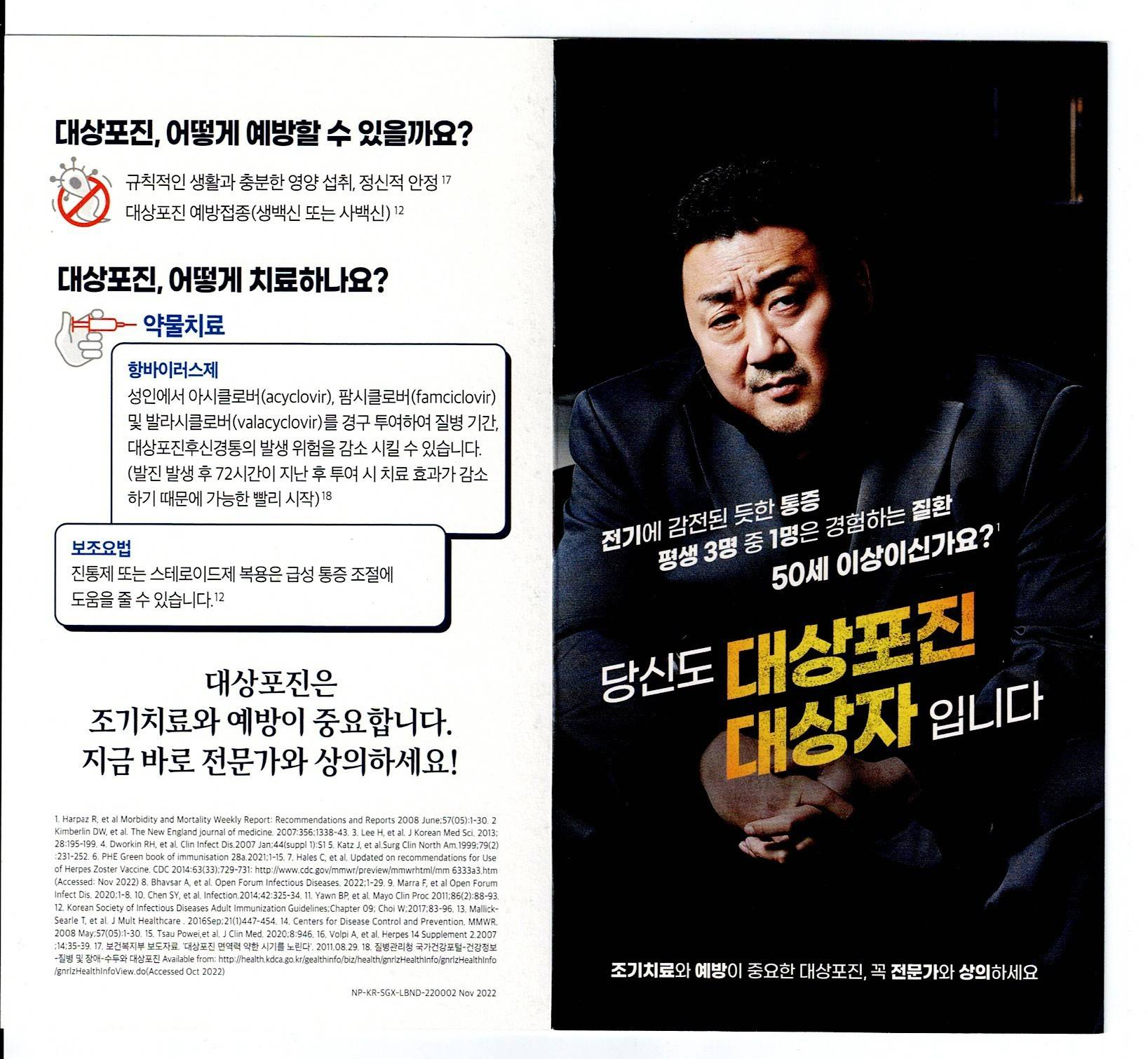 대상포진에 대한 설명문이 담긴 싱그릭스 팜플렛이다.