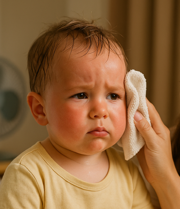 여름철 땀으로 붉어진 유아의 얼굴을 수건으로 부드럽게 닦아주는 엄마의 손