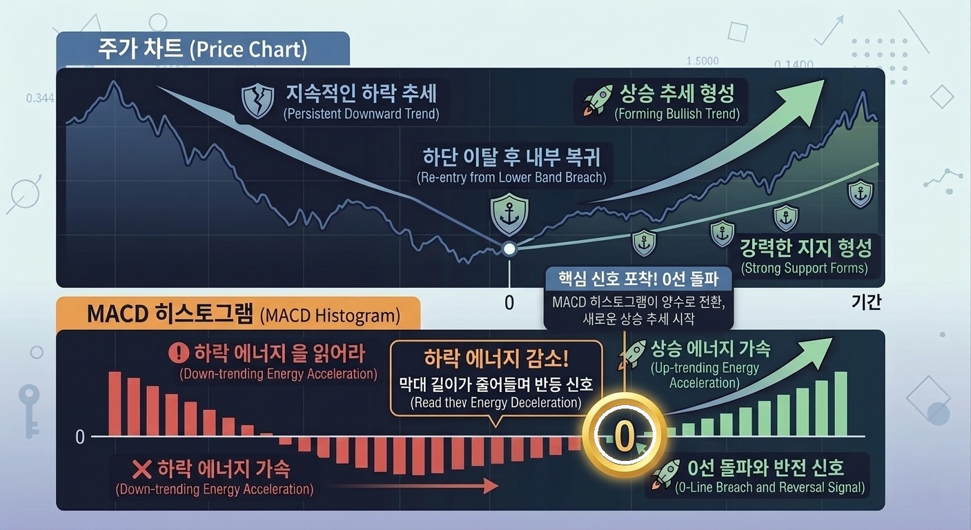 MACD 히스토그램 0선 돌파 및 추세 전환 신호 분석 차트