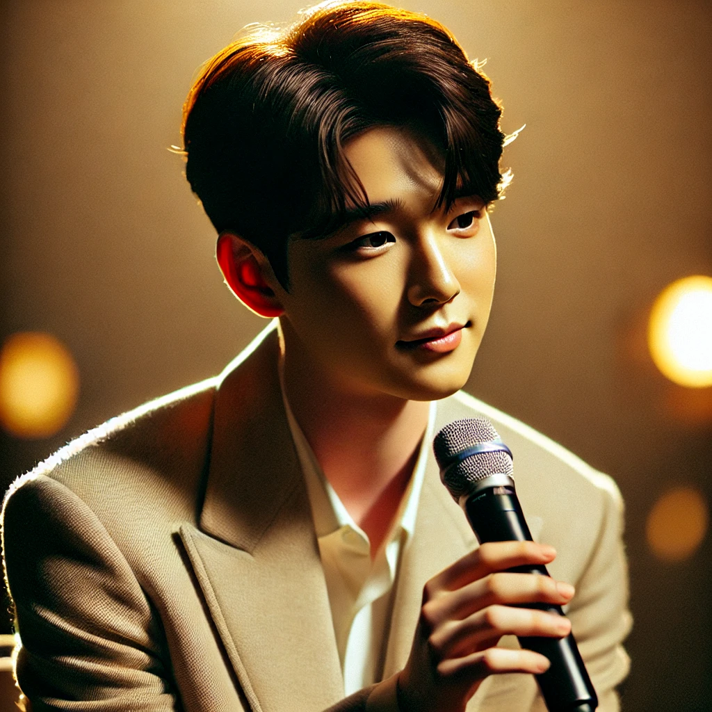 조용히 마이크를 들고 팬들에게 말하는 김용빈의 모습