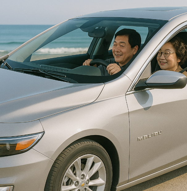 선물받고 좋아하며 운전하시는 부모님 사진