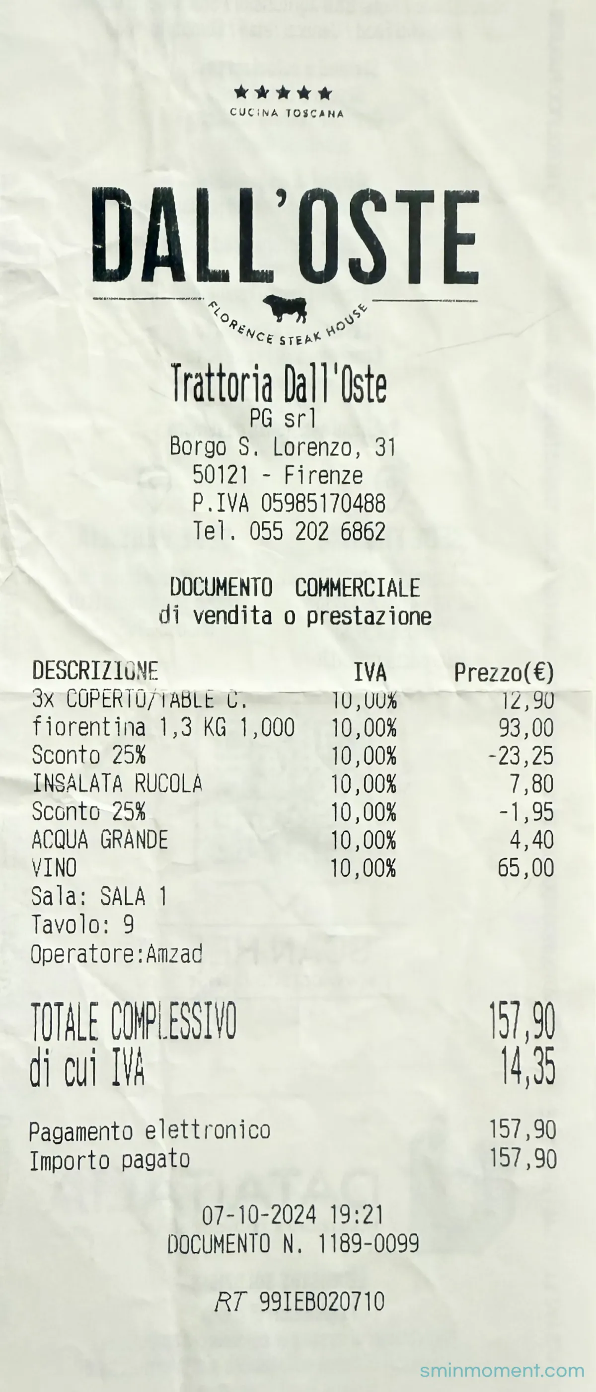 이탈리아-피렌체-저녁-맛집-달오스테-본점-티본스테이크-영수증-원본