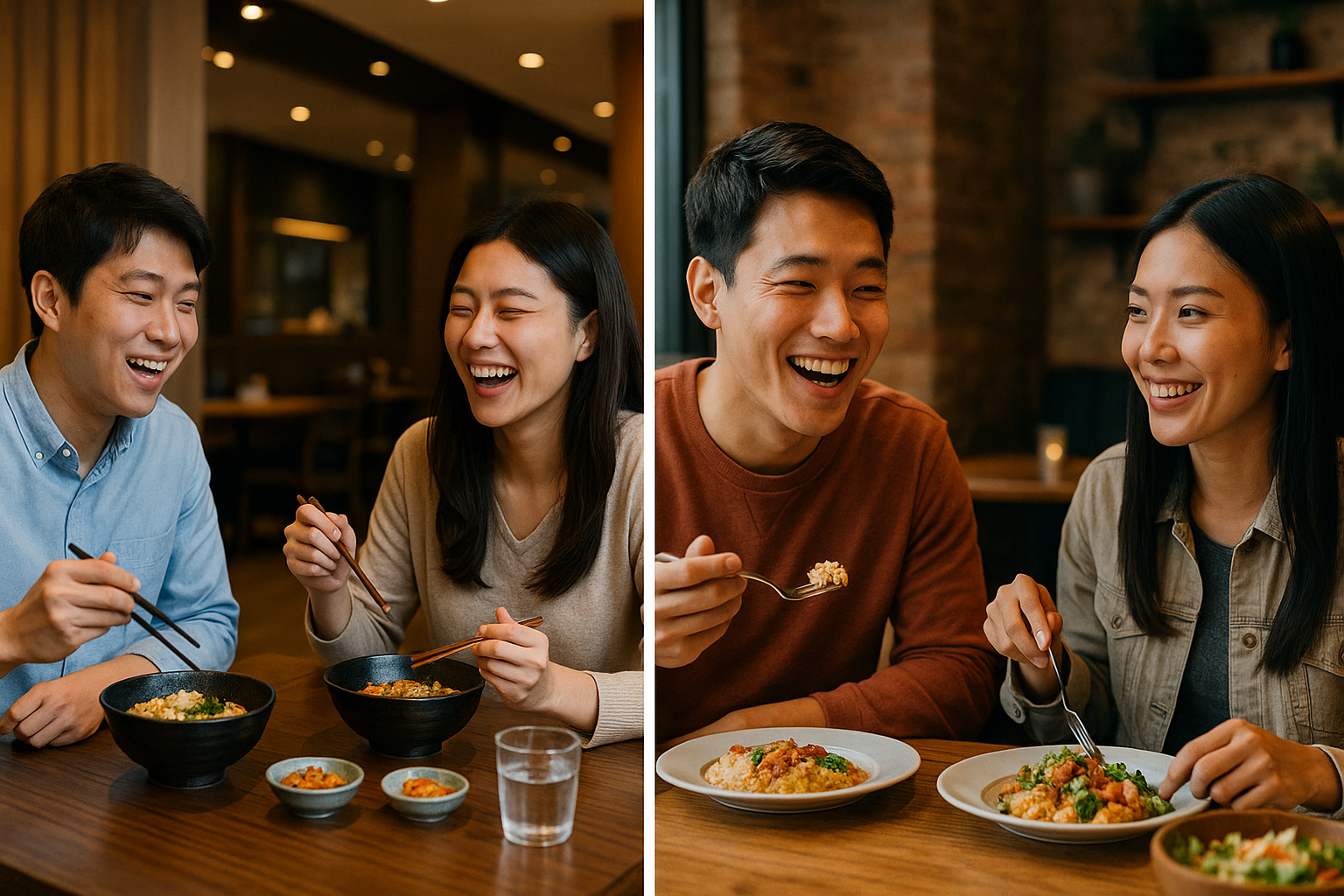 식당에서 친구와 즐겁게 식사