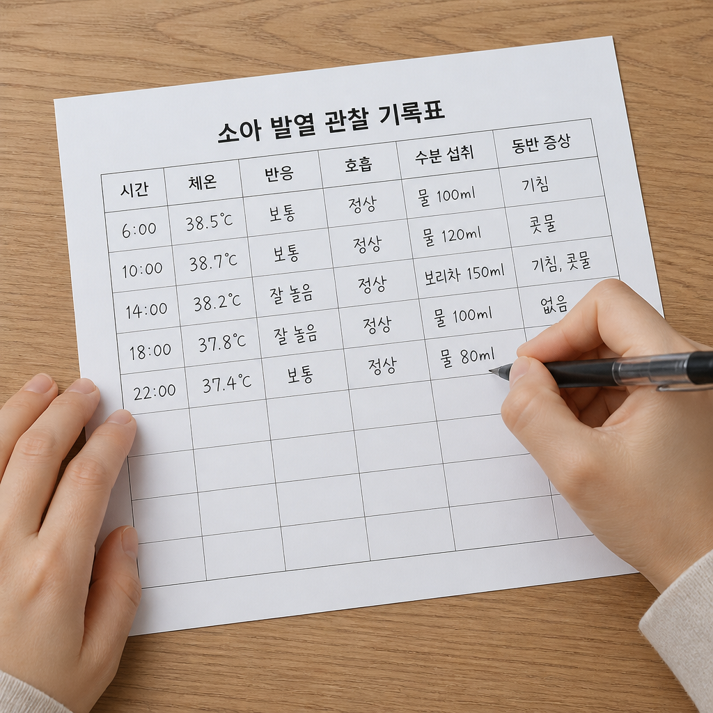 체온, 반응, 호흡, 수분 섭취, 동반 증상을 적는 소아 발열 기록표