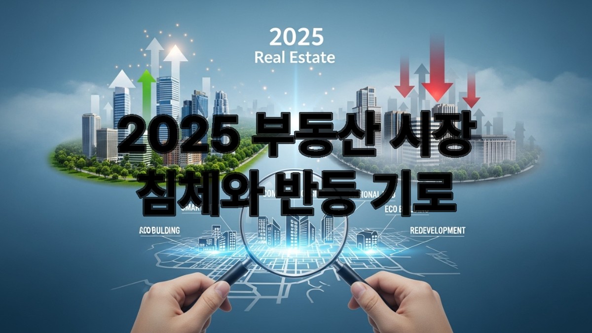 2025년 부동산 시장의 침체와 반등 가능성을 상징하는 이미지로, 스마트 도시, 소형 주택, 지방 거점 도시, 친환경 빌딩, 재건축 등 5가지 핵심 투자 키워드를 시각화하여 보여줍니다.
