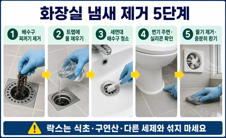화장실 냄새 제거를 위한 배수구 청소와 환기 5단계
