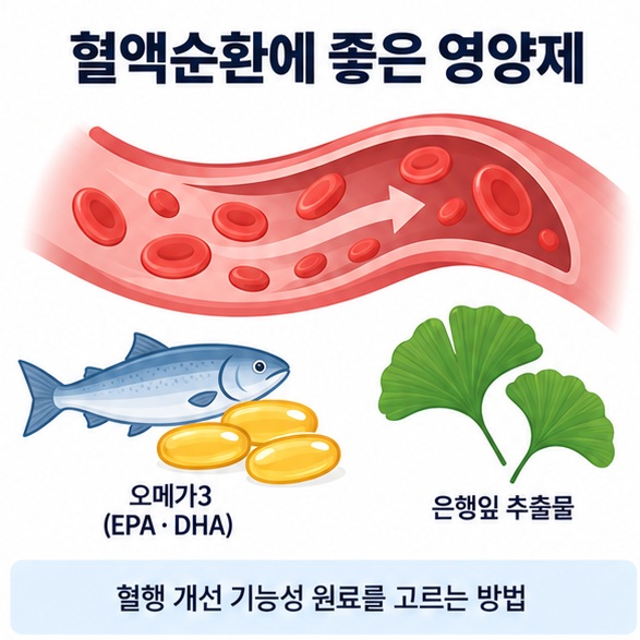 혈액순환에 좋은 영양제 문구와 오메가3 은행잎 추출물 혈관 아이콘을 함께 보여주는 건강 정보 인포그래픽