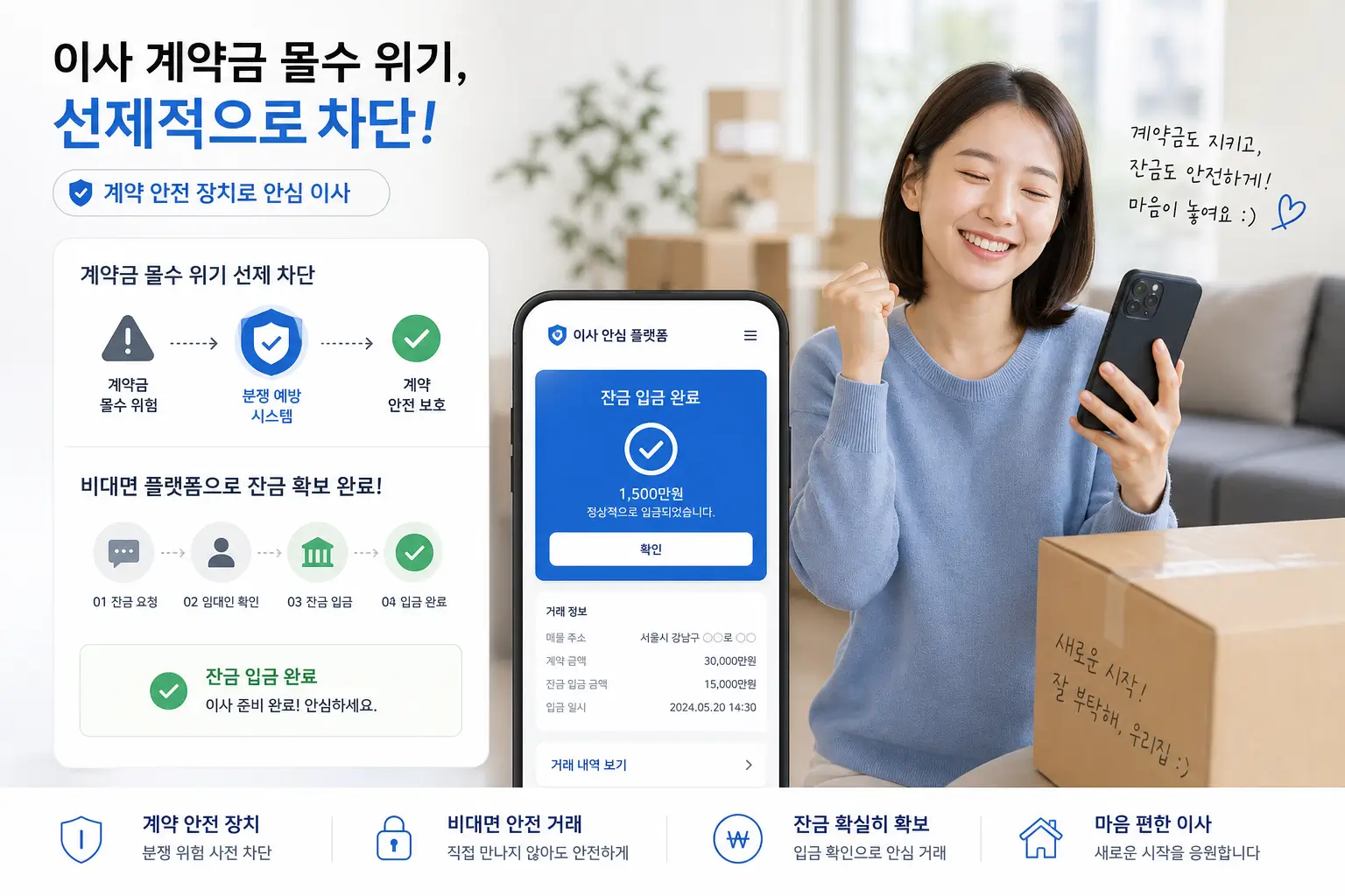 이사 계약금 몰수 위기를 선제적으로 차단하고 비대면 플랫폼으로 잔금을 확보하여 안도하는 세입자의 모습