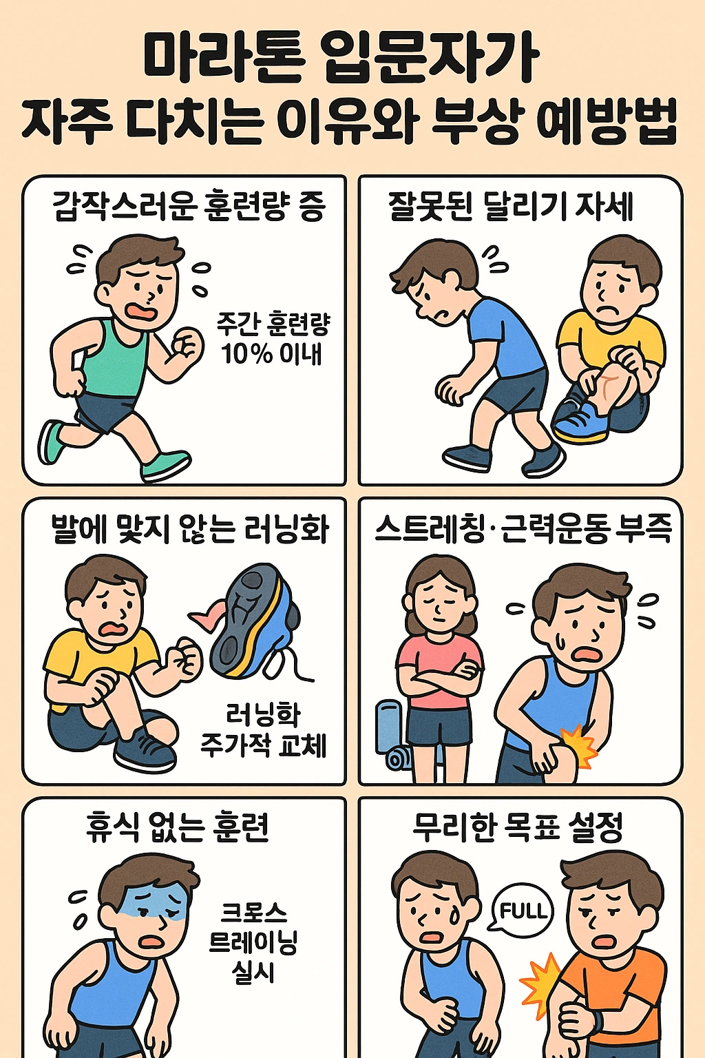마라톤 초보자들이 자주 다치는 이유를 설명한 이미지