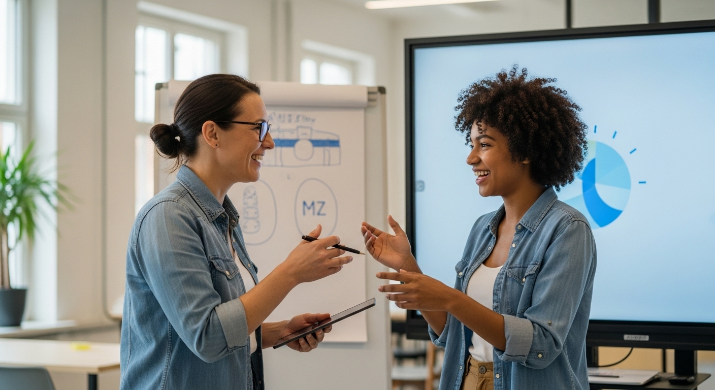 영포티와 MZ세대가 함께 화이트보드 앞에서 아이디어를 교환하며 협력하는 모습, 세대 간 멘토링과 파트너십을 상징