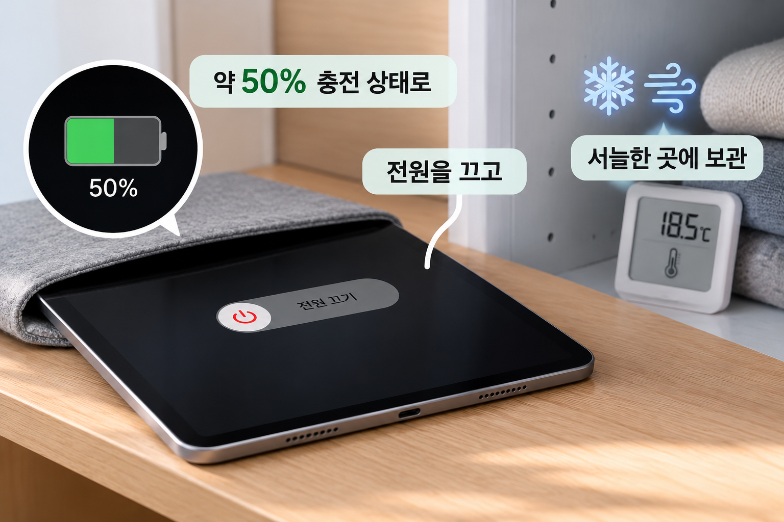 오래 안 쓸 땐 50% 정도 충전 후 전원을 끄고 서늘한 곳에 보관하세요.
