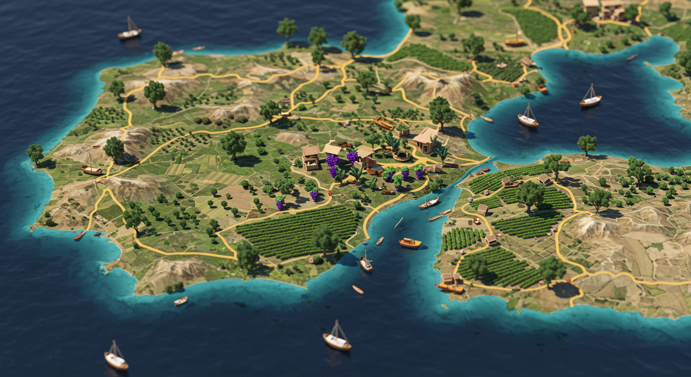 고대 지중해 지역을 묘사한 3D 미니어처 지도. 포도밭, 올리브 나무, 작은 마을, 구불구불한 길, 그리고 바다 위를 떠다니는 돛단배와 어선들이 섬과 해안선 곳곳에 아기자기하게 배치되어 있다.