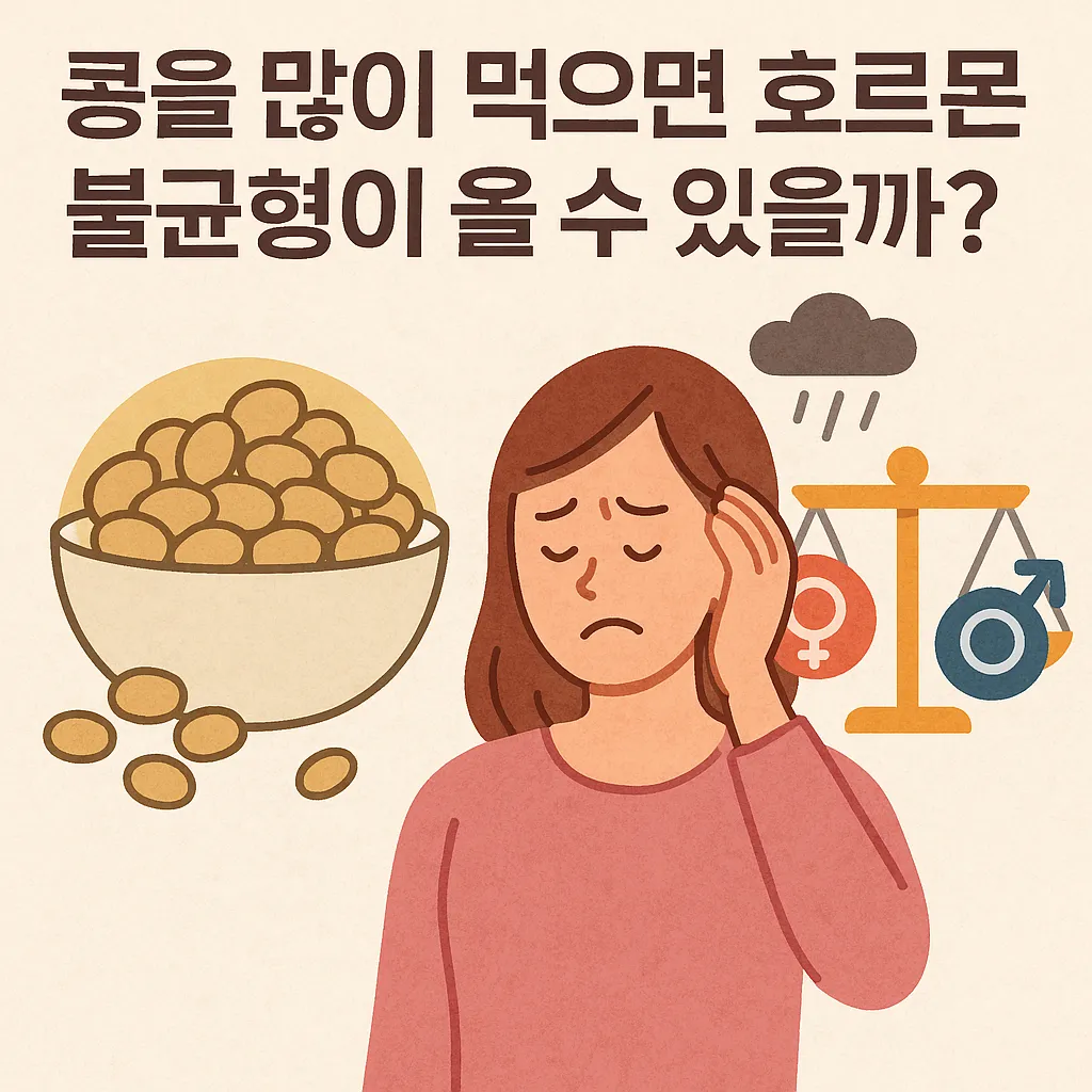 콩과-두부가-함께-놓인-테이블-앞에서-호르몬-균형을-상징하는-저울을-바라보는-여성의-모습으로,-과도한-식물성-에스트로겐-섭취가-체내-호르몬에-영향을-줄-수-있다는-의문을-표현한-건강-일러스트